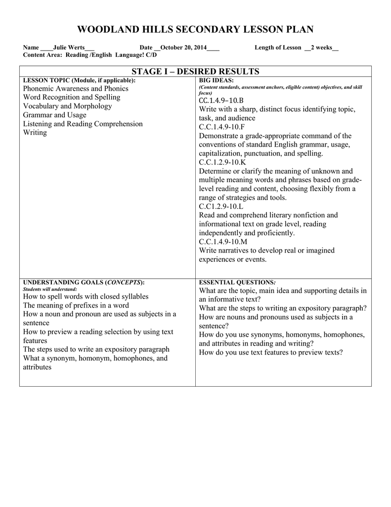 Woodland Hills Secondary Lesson Plan