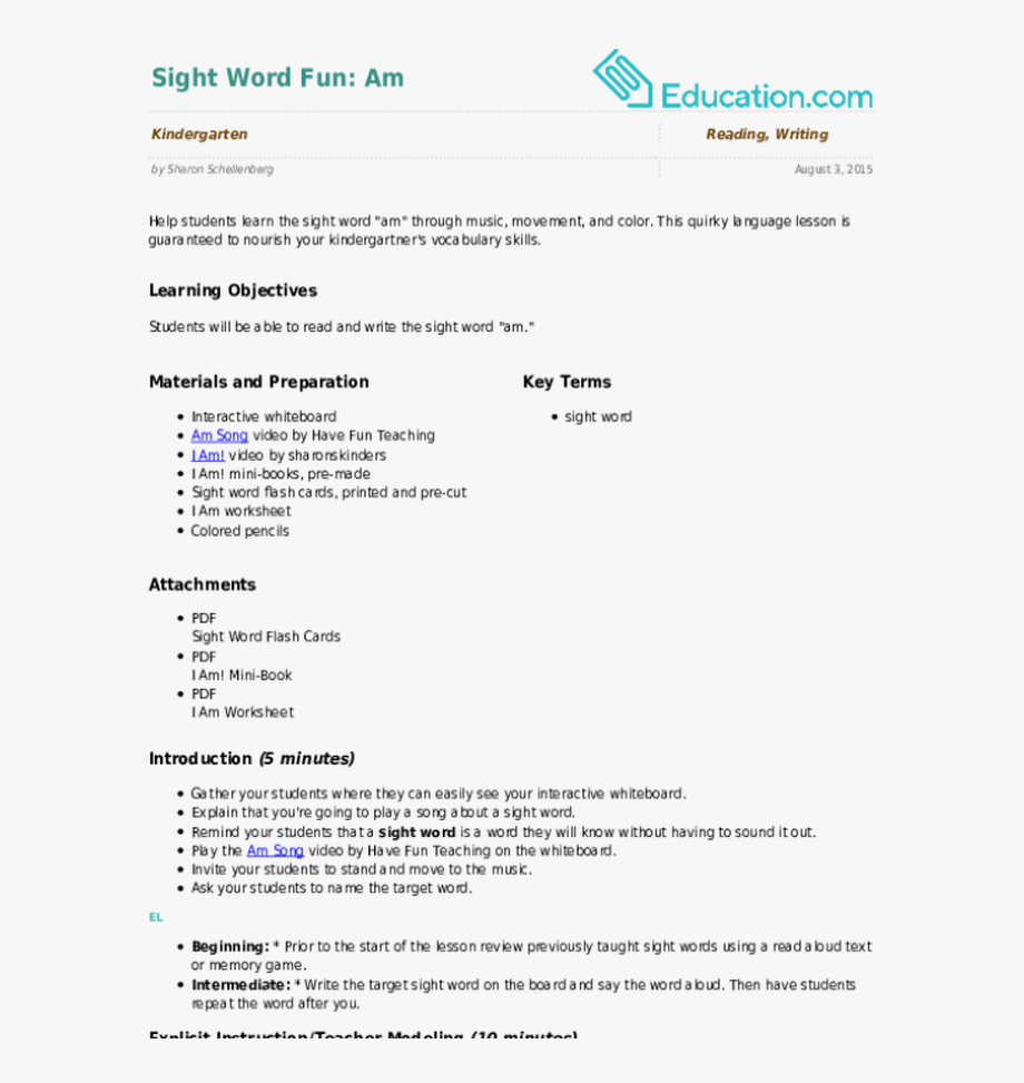 Worksheet Sight Word Fun Am - Articles Lesson Plan