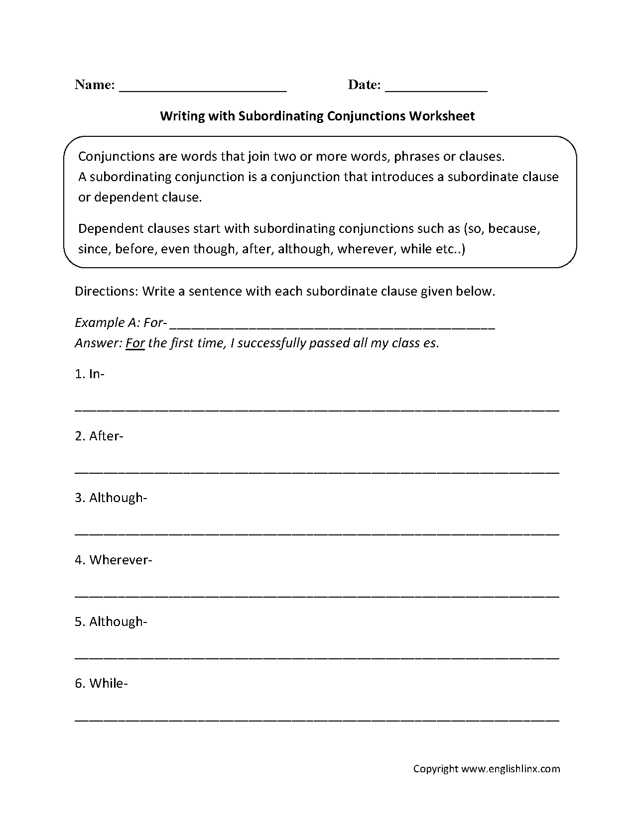 Subordinating Conjunctions Worksheets Printable