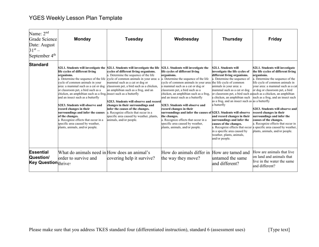 Yges Weekly Lesson Plan Template Name: 2Nd Grade Science